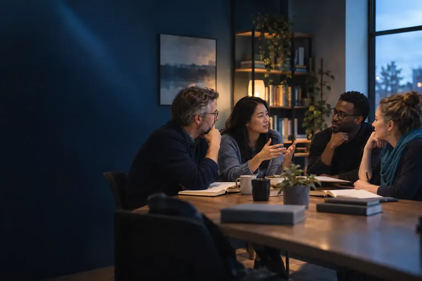 Grupo conversando em torno de uma mesa